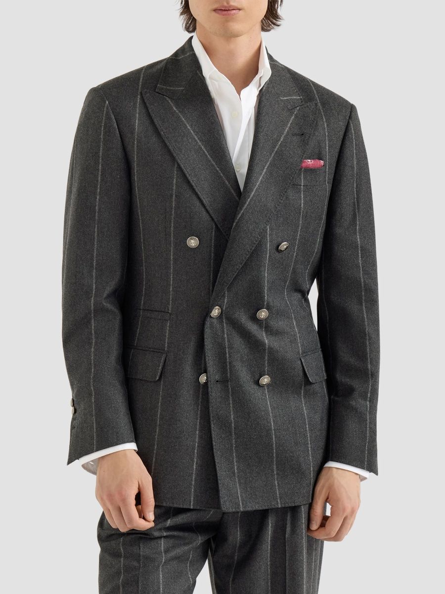 Brunello Cucinelli Men's Flannel One and A Half Breasted Tailor Blazer with Metal Buttons - Dark Grey - Size 48