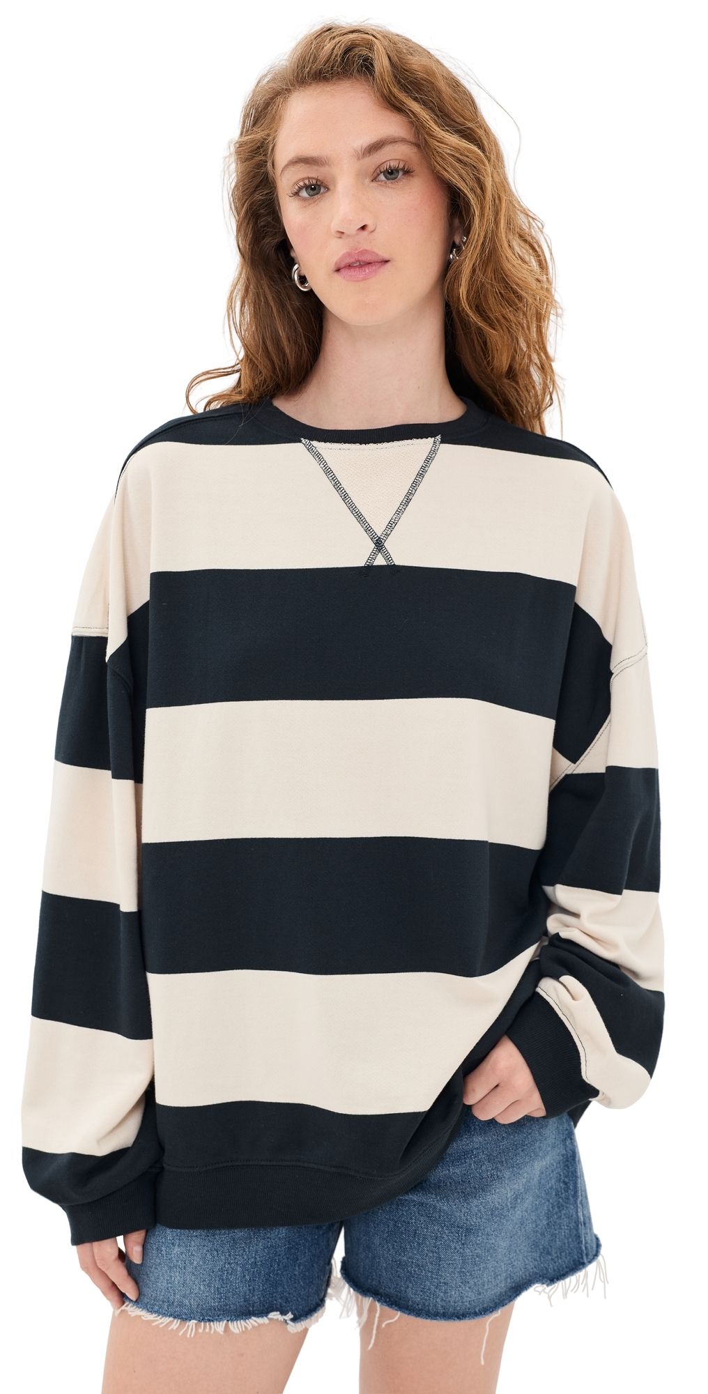 Free People Classic Stripe Sweatshirt Black Combo XL