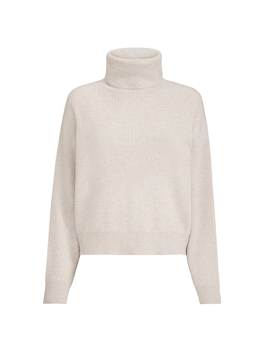 Women's Virgin Wool, Cashmere and Silk English Rib Turtleneck Sweater - Cool Beige - Size XXXL