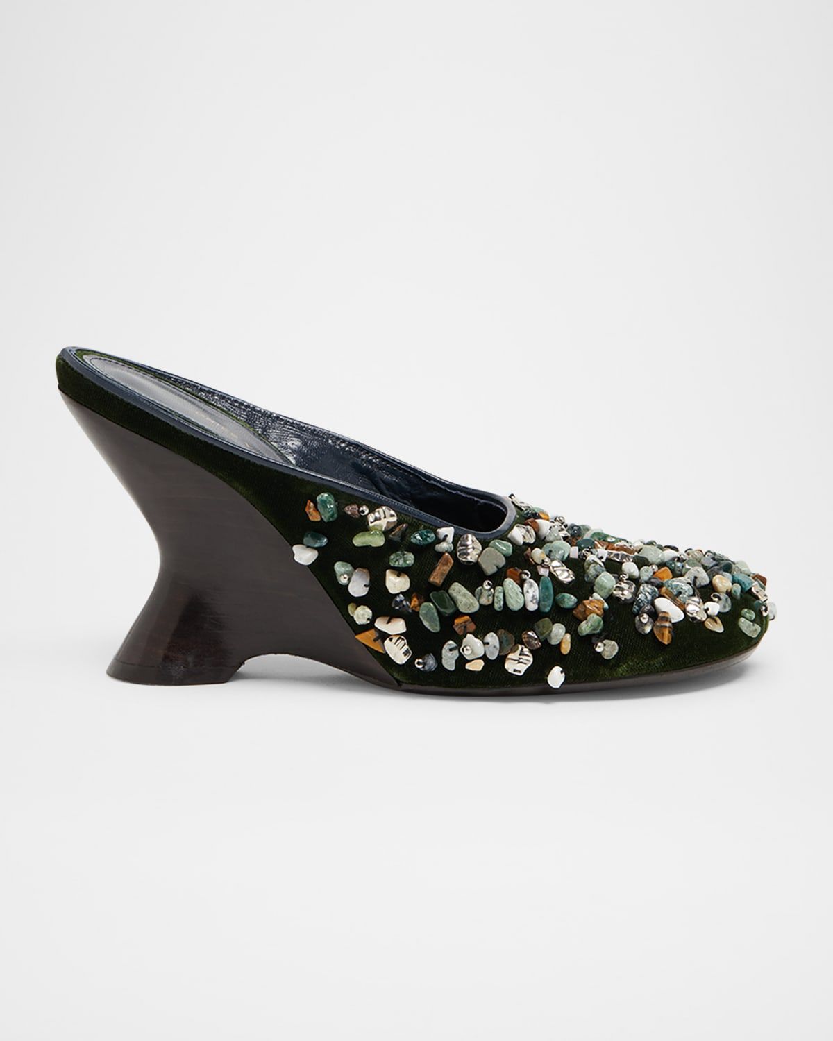 Gemstone Embellished Velvet Wedge Mules