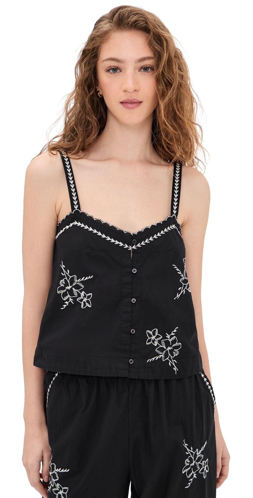 THE GREAT. The Weekend Tank with Hanky Embroidery Black 1