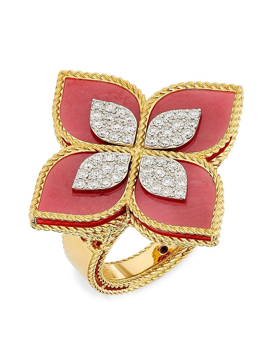 Women's Venetian Princess 18K Yellow Gold, Rhodonite & 0.65 TCW Diamond Flower Ring - Yellow Gold - Size 6.5