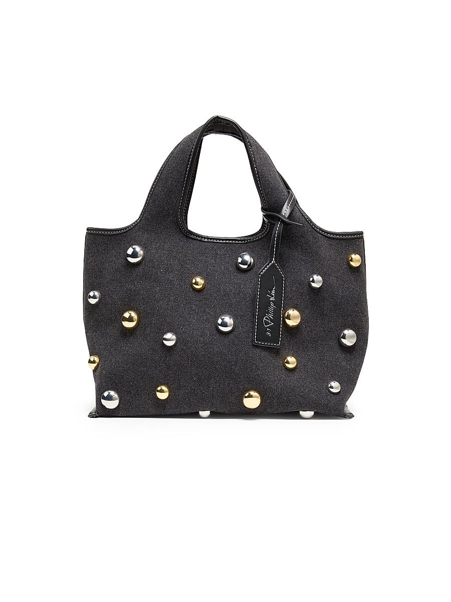 Women's Mini Market Dome-Embellished Denim Tote Bag - Black