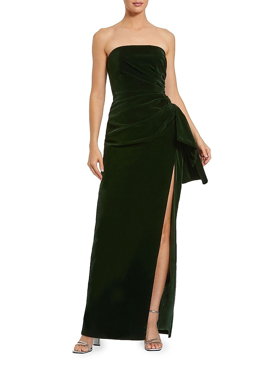 Women's Draped Velvet Strapless Bow Hip Gown - Olive - Size 16
