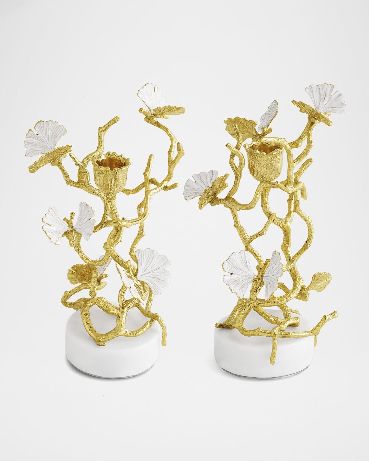 Butterfly Ginkgo White & Gold Candleholders, Set of 2