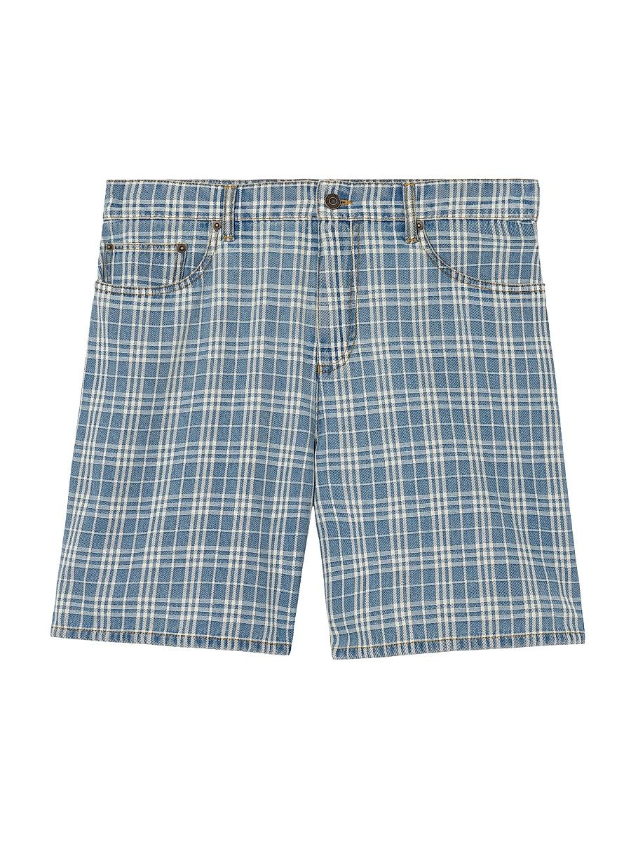 Men's Douglas Check Denim Shorts - Light Indigo Blue - Size 38
