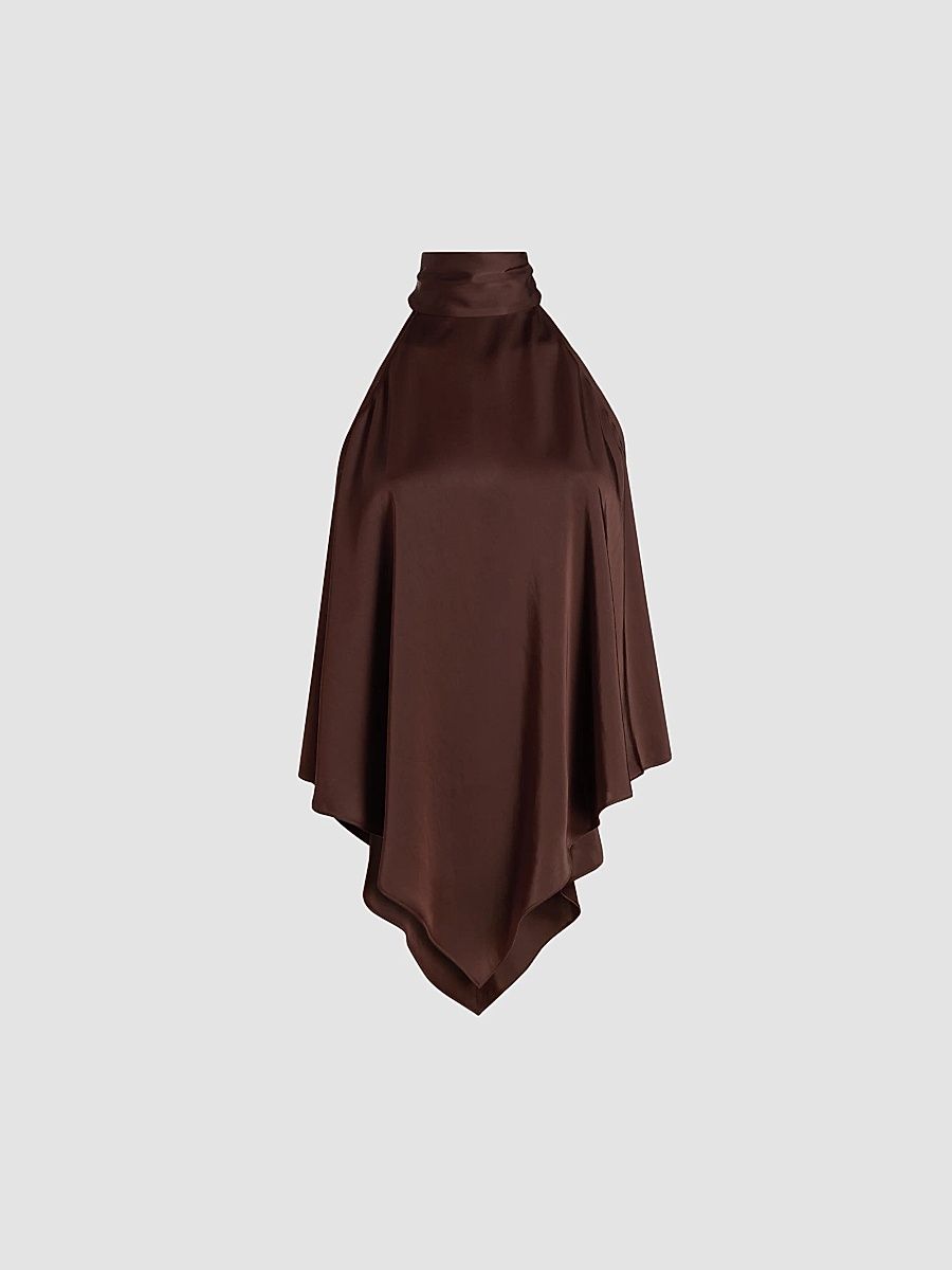 Women's Lightweight Satin Handkerchief Top - Chocolate - Size XS