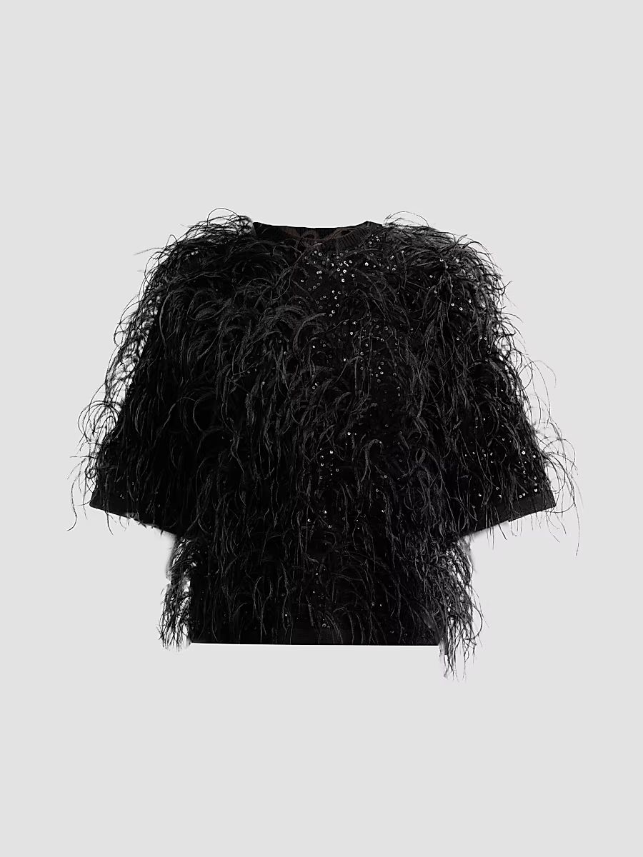 Michael Kors Collection Women's Embroidered Ostrich Plume Top - Black - Size Large