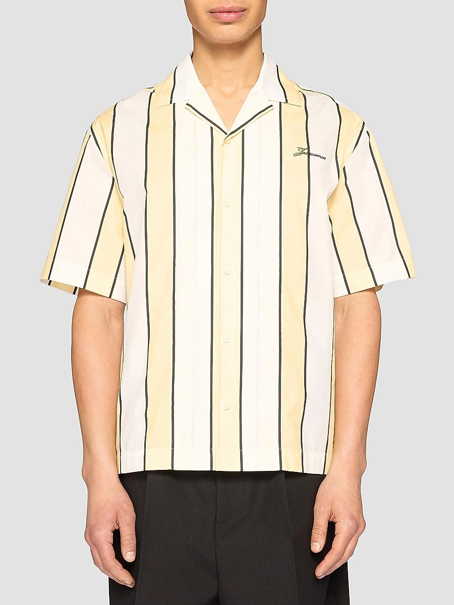 Jacquemus Men's Striped Cotton Camp Shirt - Print Stripes White Yellow - Size 36