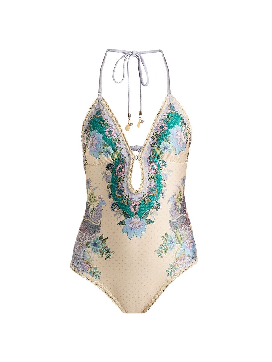 Women's Indra Crochet Detail One-Piece Swimsuit - Cream Scarf Floral - Size 8