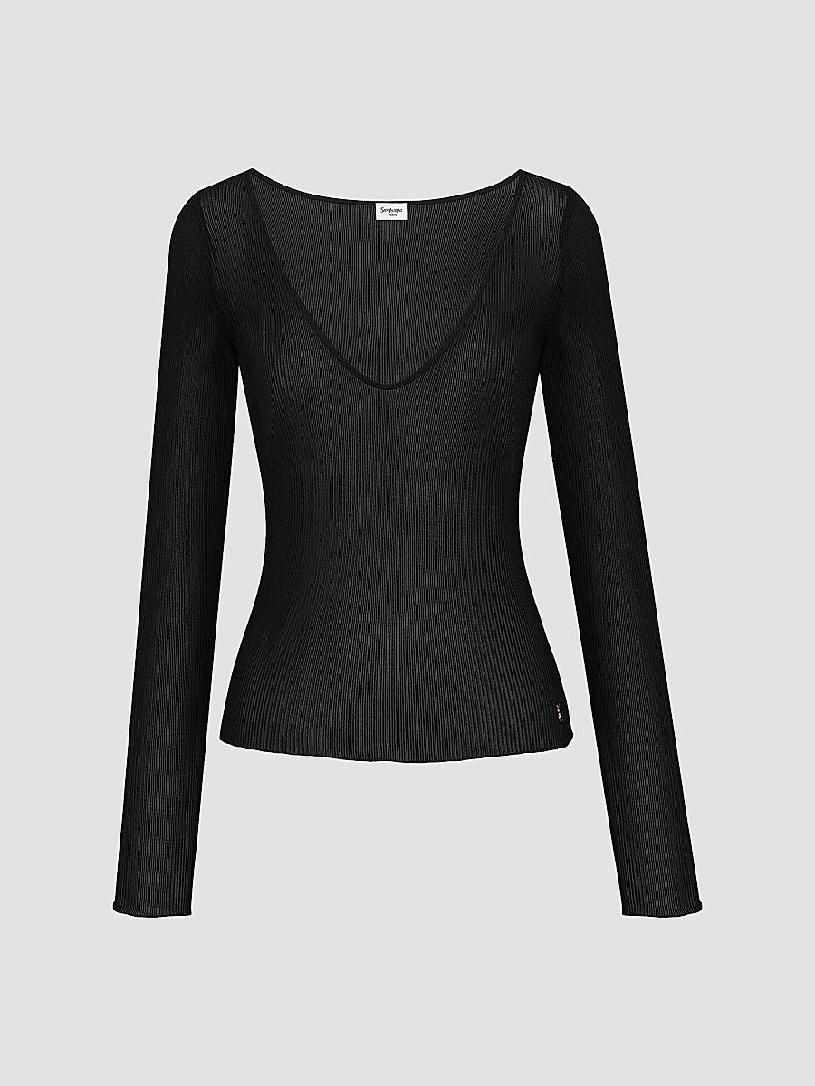 Saint Laurent Women's Cassandre V-neck Top in Ribbed Silk - Noir - Size Large