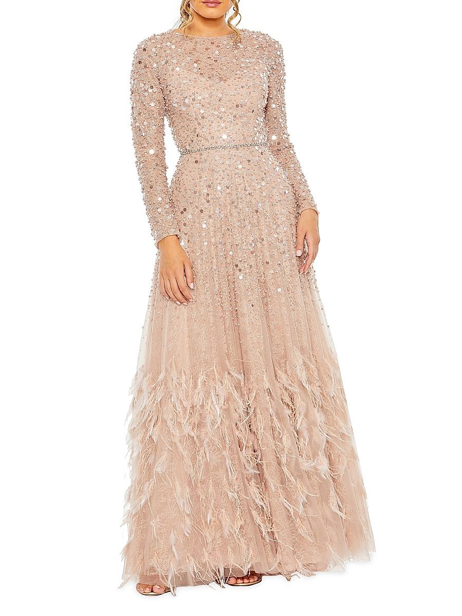 Women's Sequin & Feather Embellished Gown - Dusty Rose - Size 18