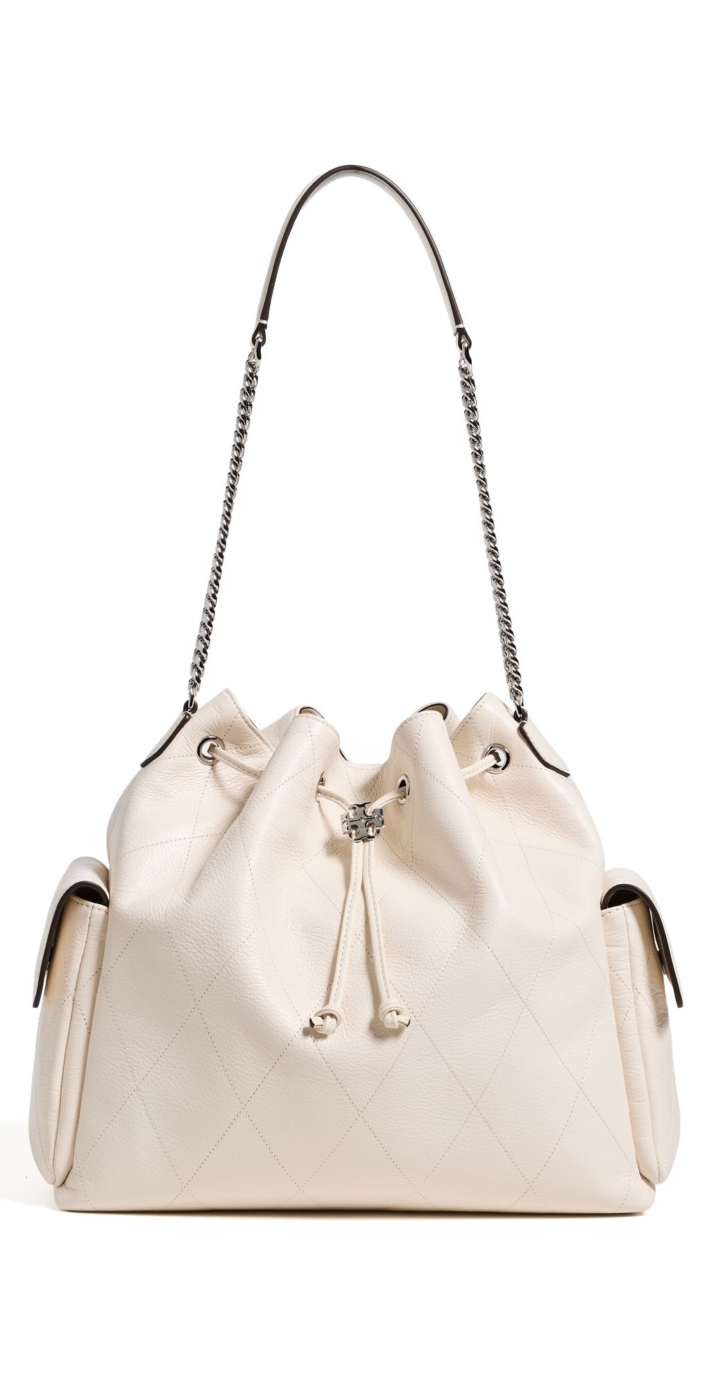 Tory Burch Kira Diamond Quilt Large Drawstring Shoulder Bag Light Cream One Size