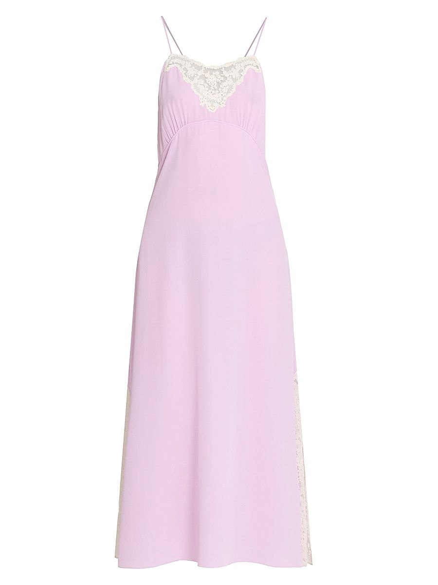 Women's Silk Lace-Accented Midi-Dress - Creamy Lilac - Size 8