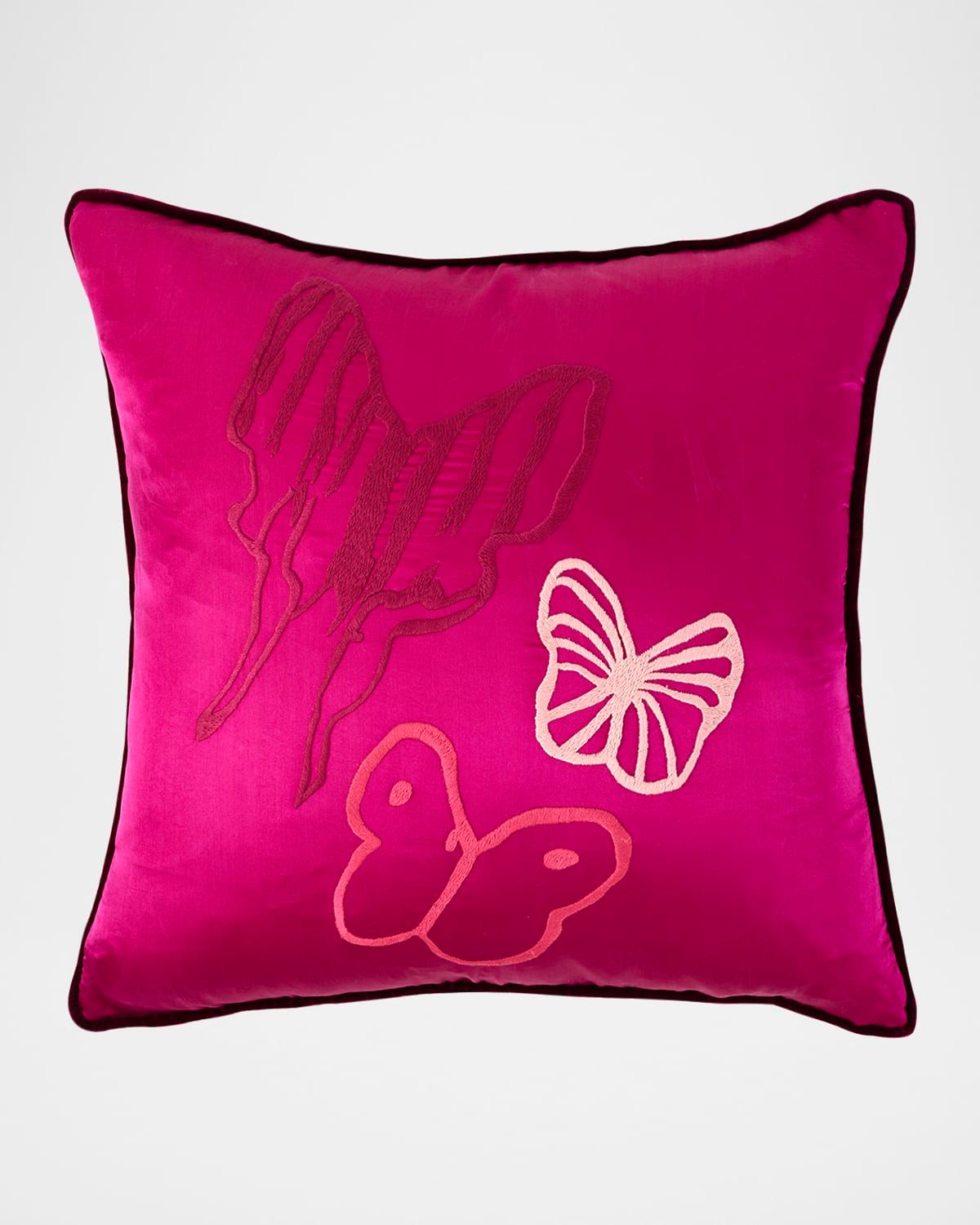 Hand-Embroidered Silk Pillow with Velvet Back, 22" Square