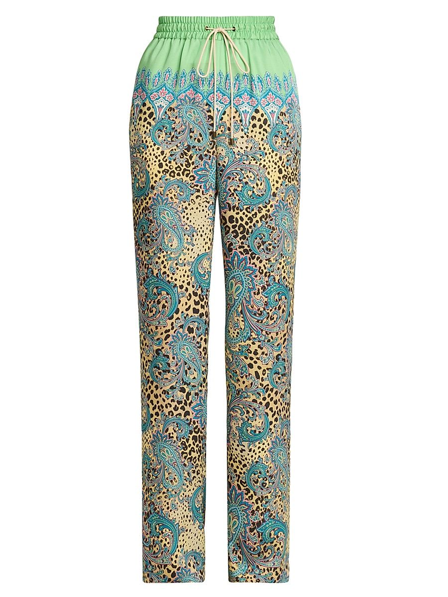 Women's Animal Paisley Silk-Cashmere Drawstring Pants - Printed Brown Base - Size 14