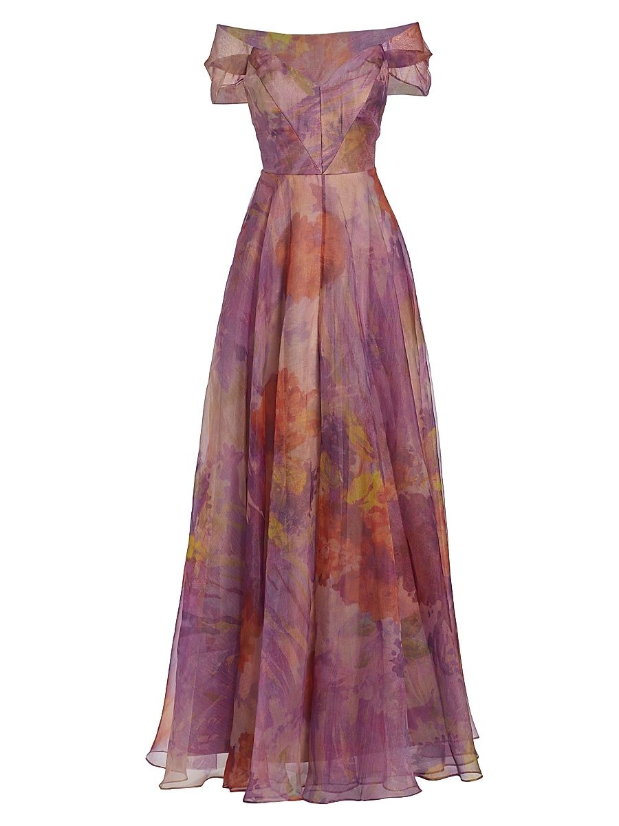 Women's Metallic Off-The-Shoulder Gown - Pink Multi - Size 4