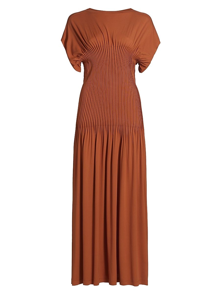 Women's Jersey Pleated Cap-Sleeve Maxi Dress - Terracotta - Size Medium