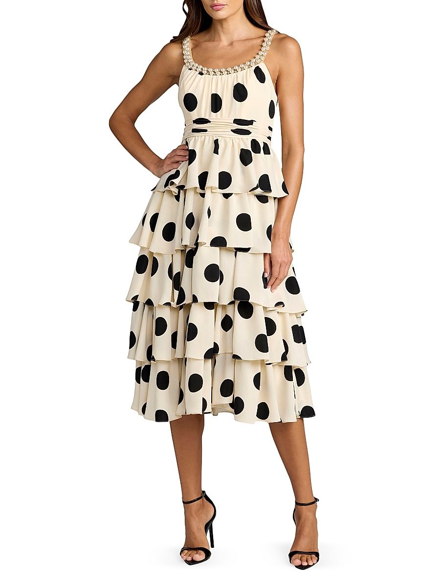 Women's Polka Dot Charmeuse Tiered Satin Midi-Dress - Black Ivory - Size 14