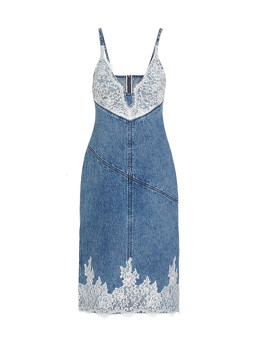 Women's Lace-Embellished Denim Midi-Dress - Blue - Size 6