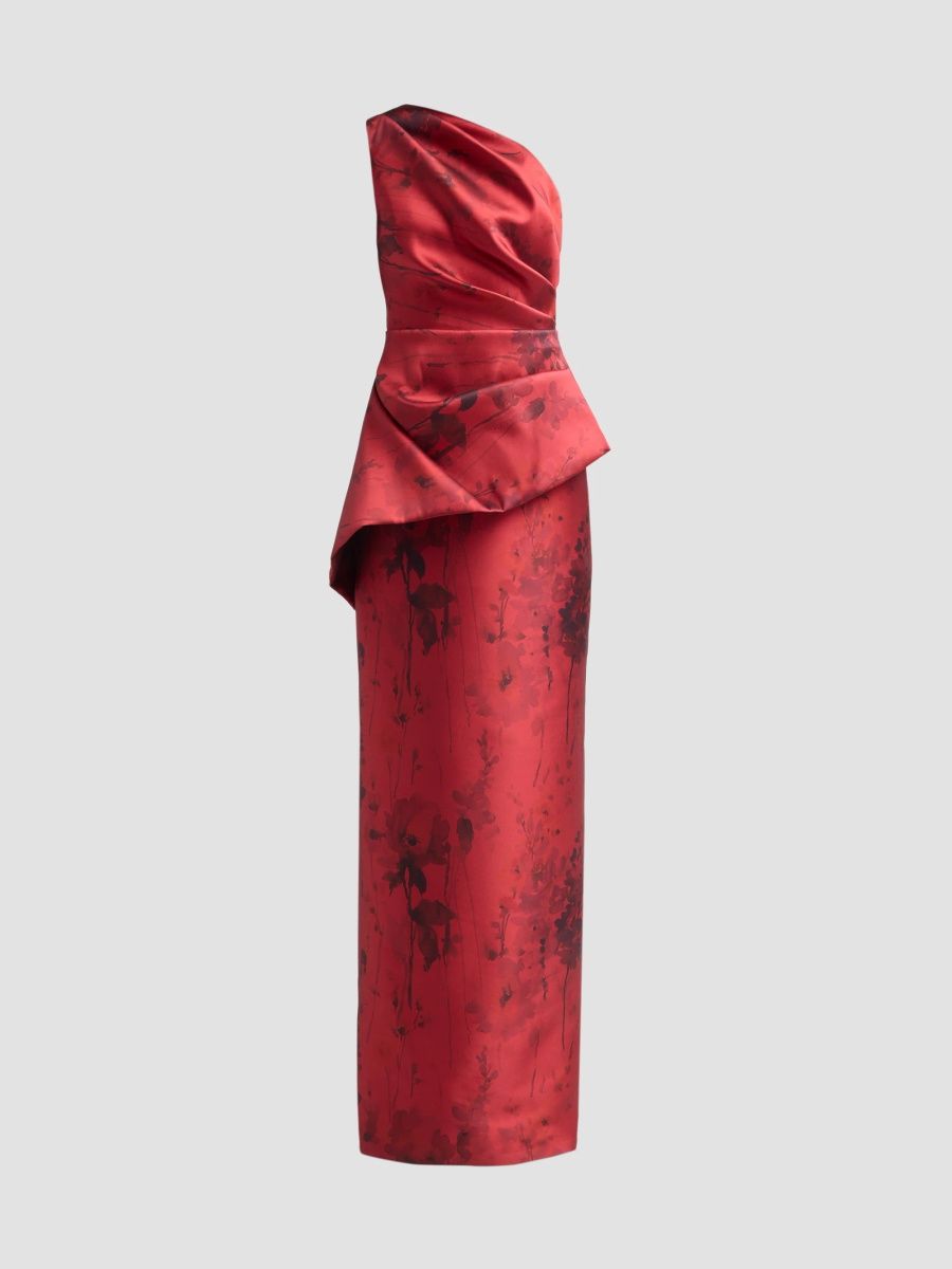 Teri Jon by Rickie Freeman Women's Satin Floral One-Shoulder Gown - Red - Size 0
