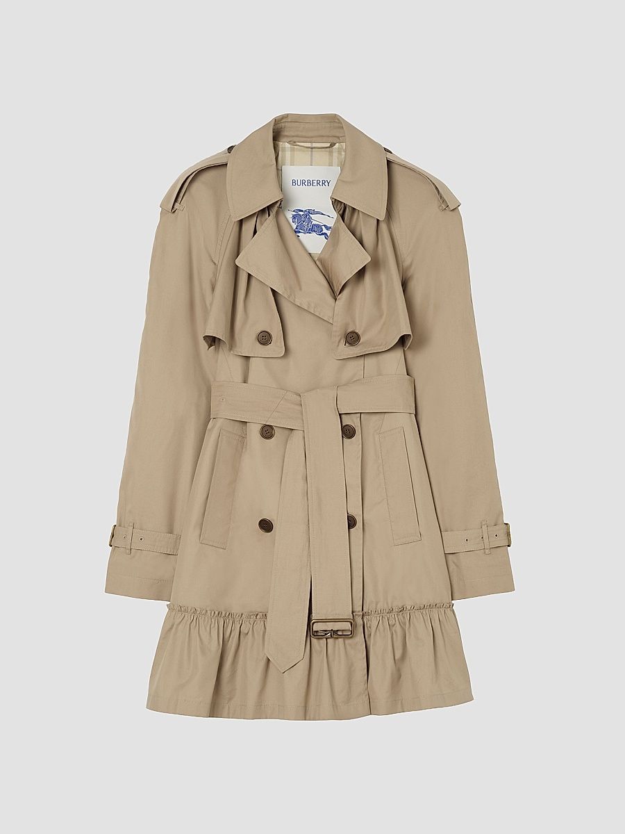 Women's Short Ruched Gabardine Trench Coat - Saltmarsh Beige - Size 16