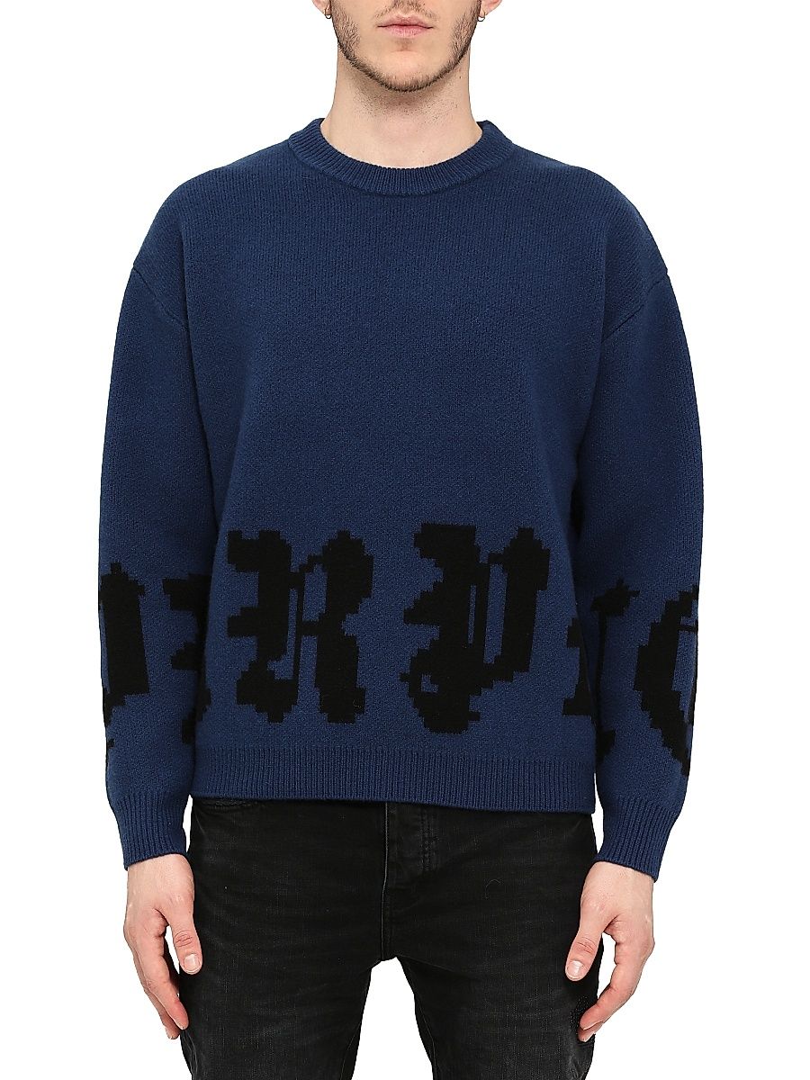 Men's Logo Jacquard Wool Sweater - Blue - Size XXL