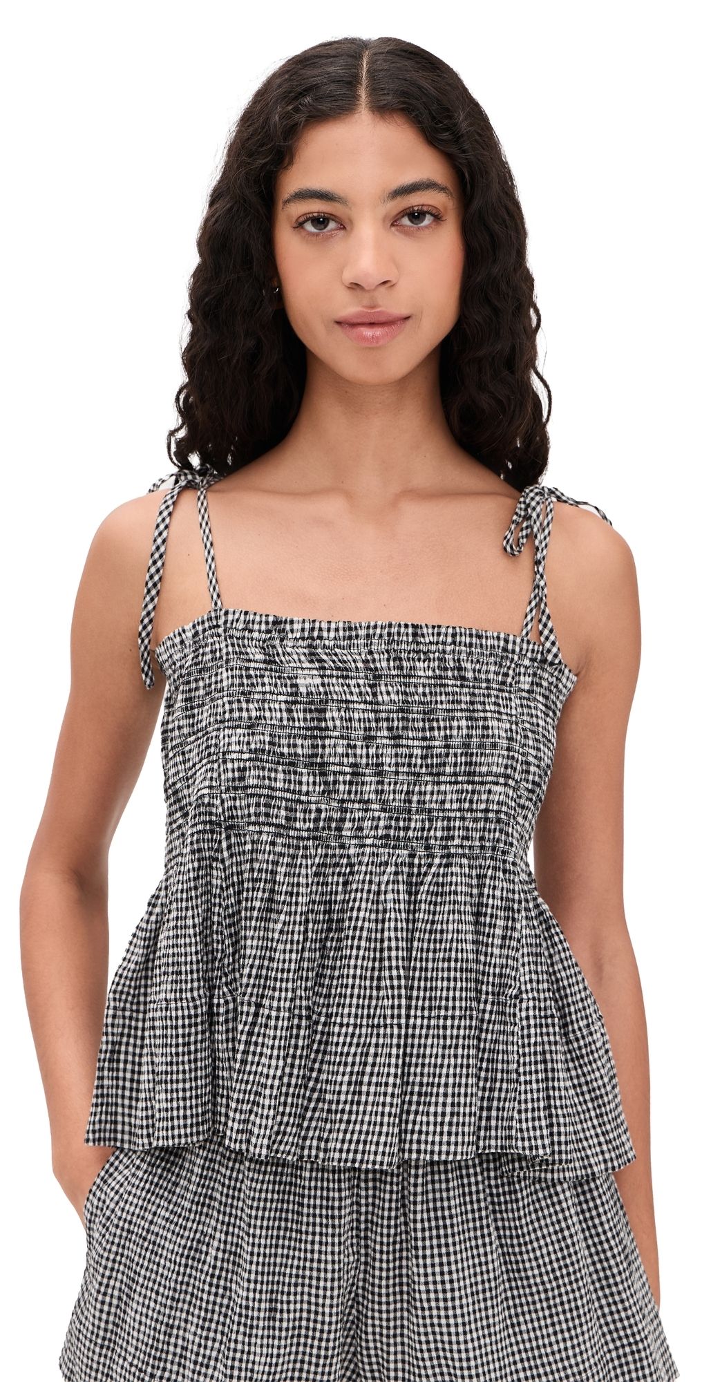 THE GREAT. The Tide Smocked Top Black & Cream Check 0