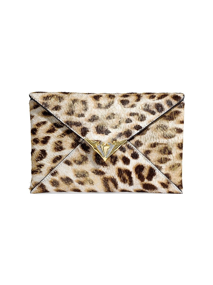 Women's Leopard-Printed Calf Hair Envelope Clutch - Metallic Leopard