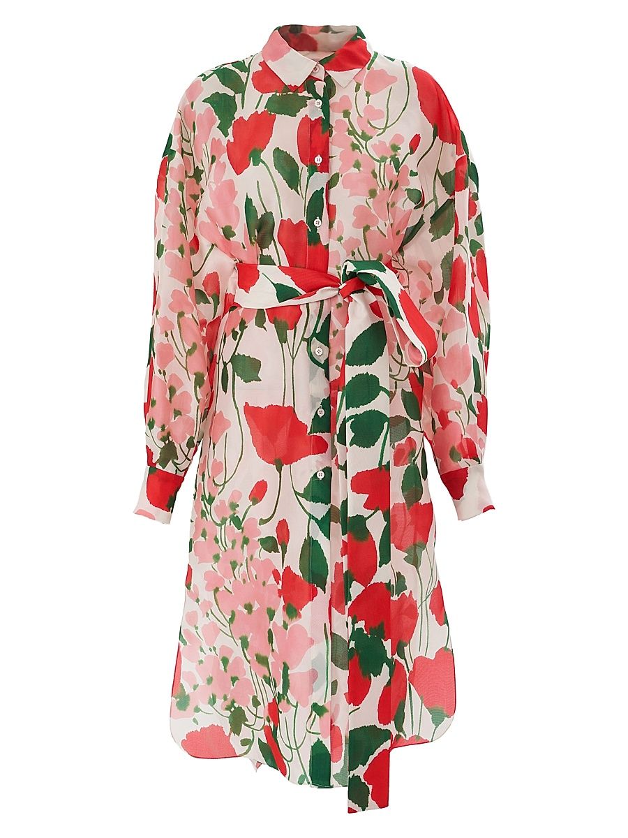 Women's Floral Oversized Silk Shirtdress - White Multi - Size 8