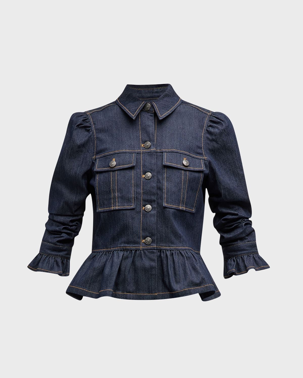 Delanie Scrunched-Sleeve Peplum Denim Jacket