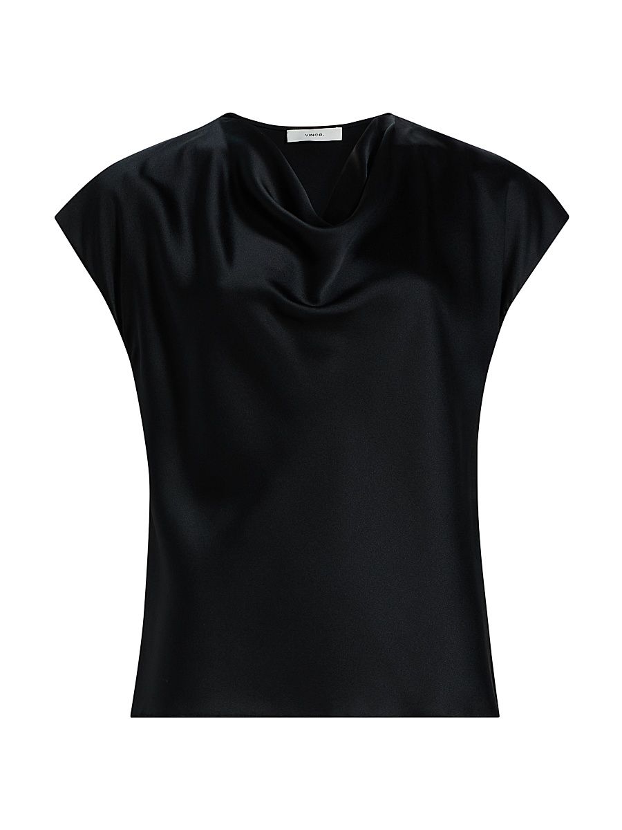 Women's Cap-Sleeve Silk Satin Blouse - Black - Size XXS
