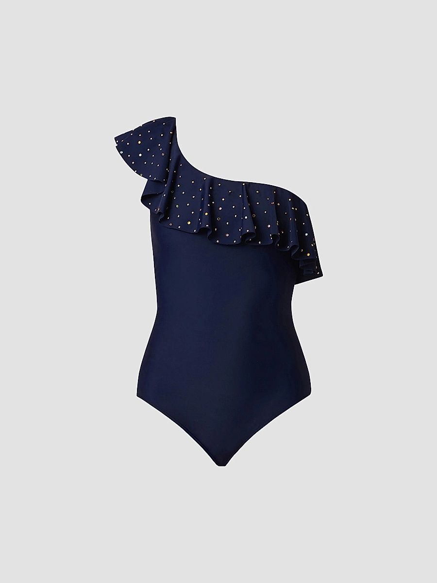 Shoshanna Women's Ruffle One-Shoulder One-Piece Swimsuit - Navy - Size 10