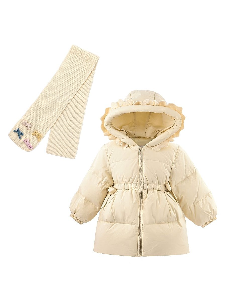 Little Girl's Ruffle-Hood Coat with Matching Scarf - Beige - Size 8