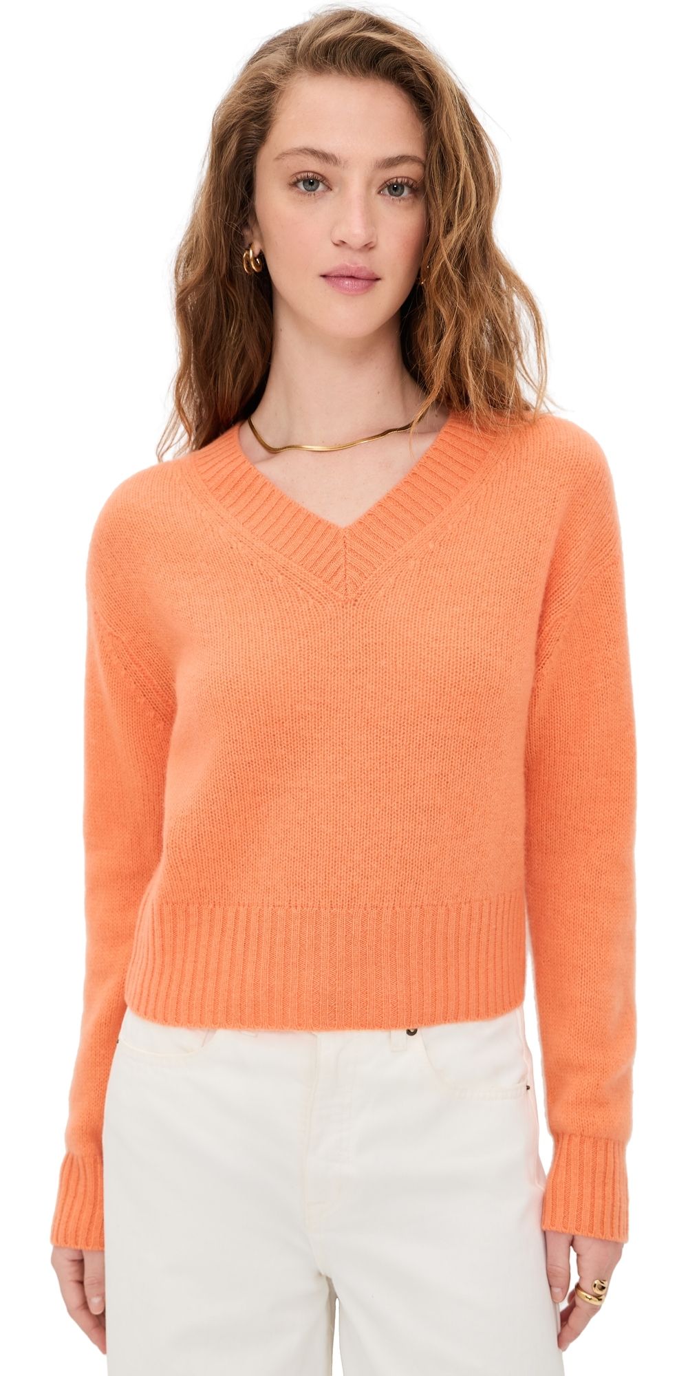 White & Warren Featherweight Cashmere V Neck Pullover Orange Fresco S