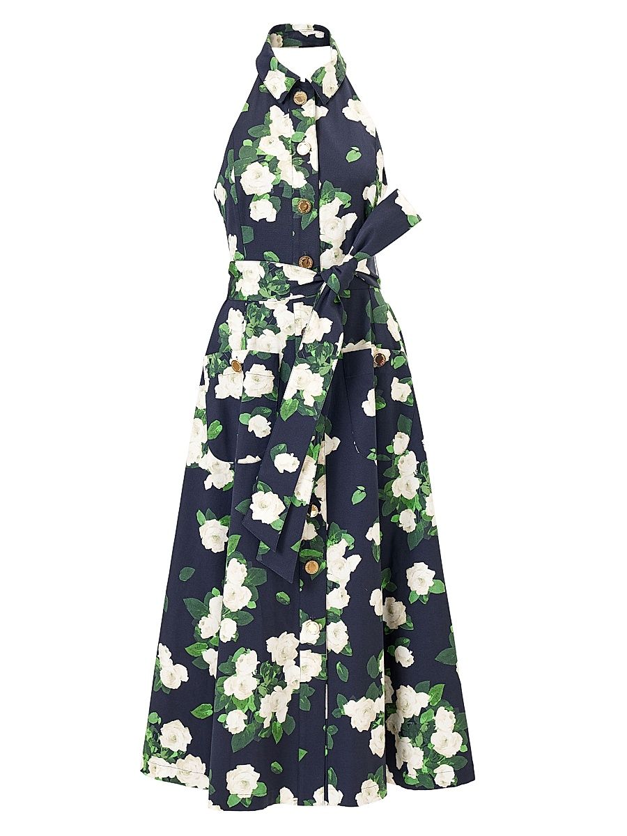 Women's Cabana Floral Halterneck Button-Front Cotton-Blend Midi-Dress - Midnight Multi - Size 16