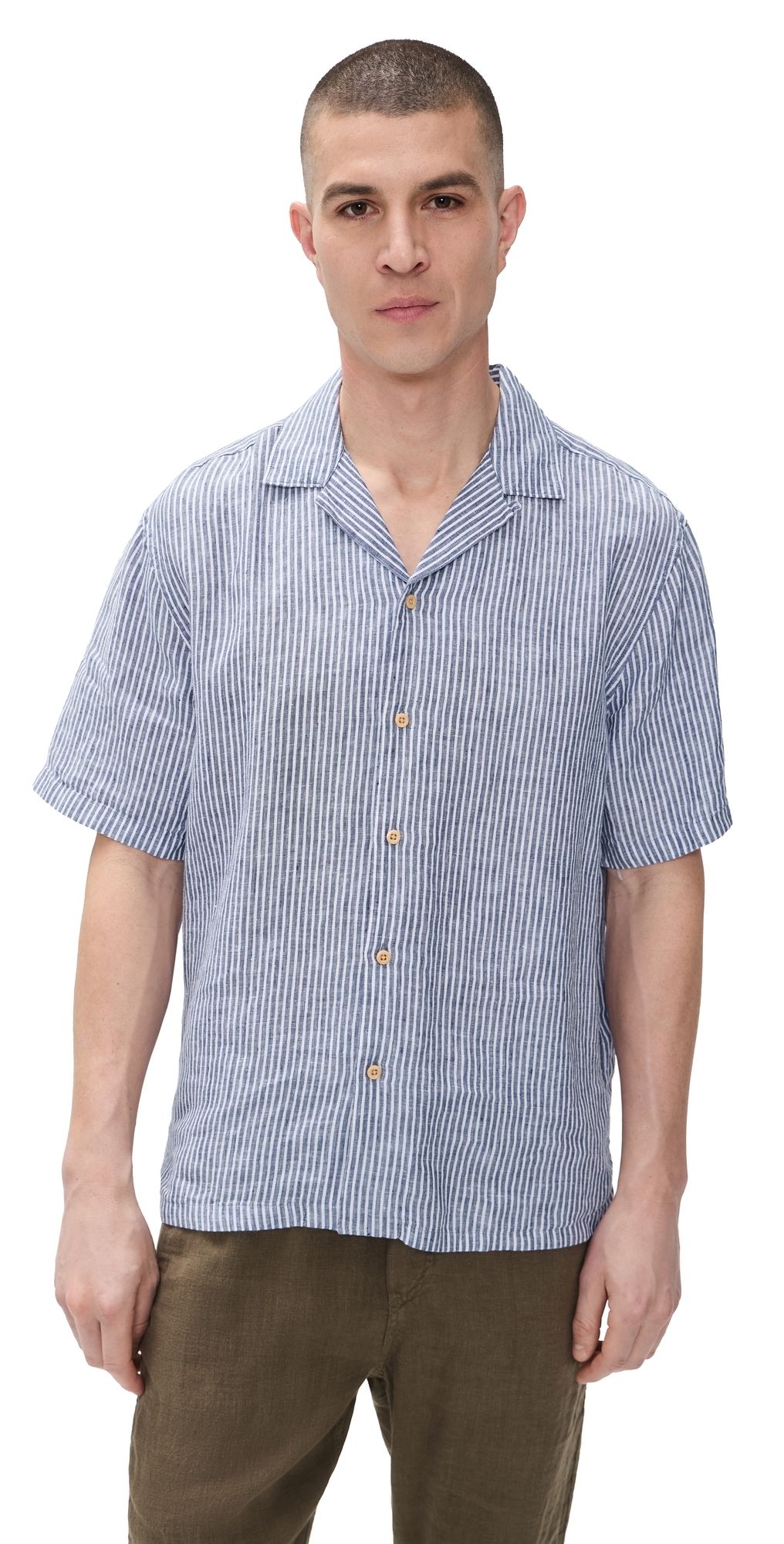 Faherty Short Sleeve Laguna Linen Camp Shirt Cloud Waters Stripe L