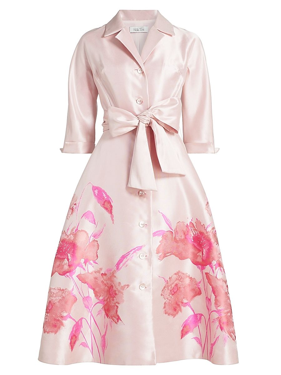Women's Floral Bow Mikado Midi-Shirtdress - Blush Multi - Size 14