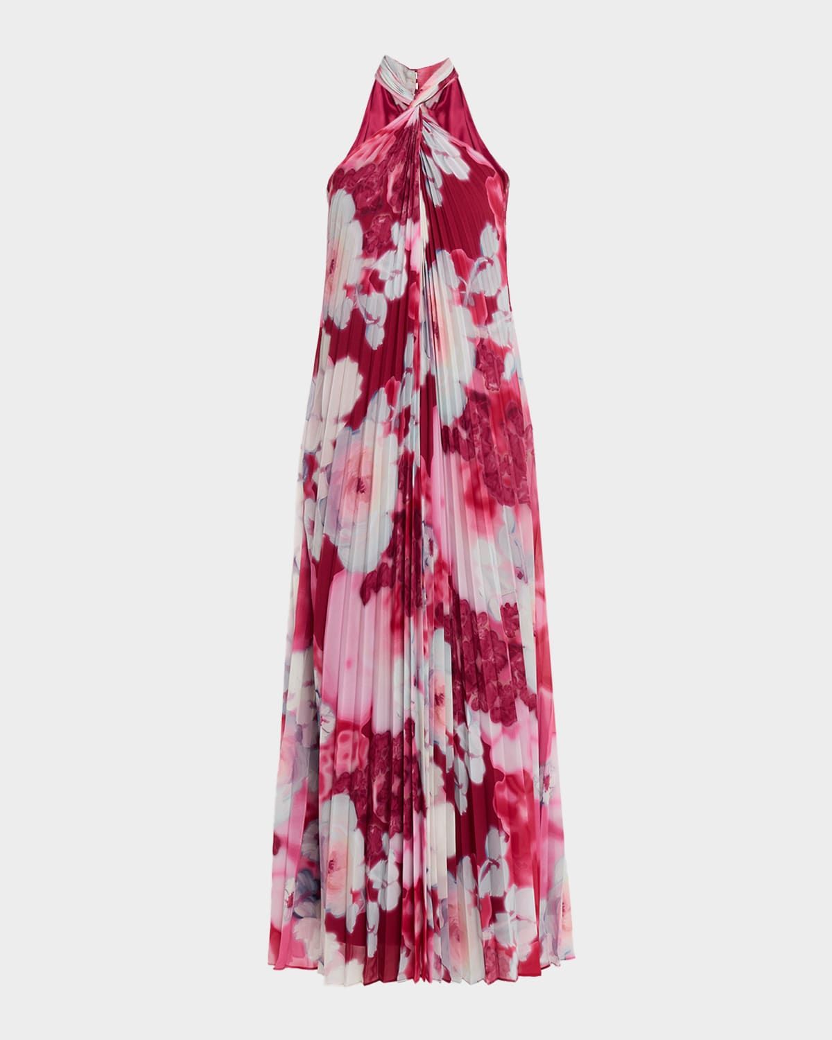 Ira Pleated Floral-Print Halter Gown