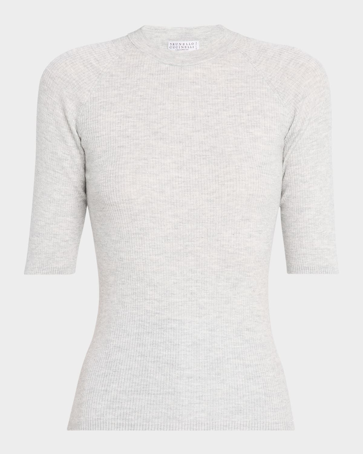 Shimmering Cashmere Stretch Rib Elbow-Sleeve Sweater