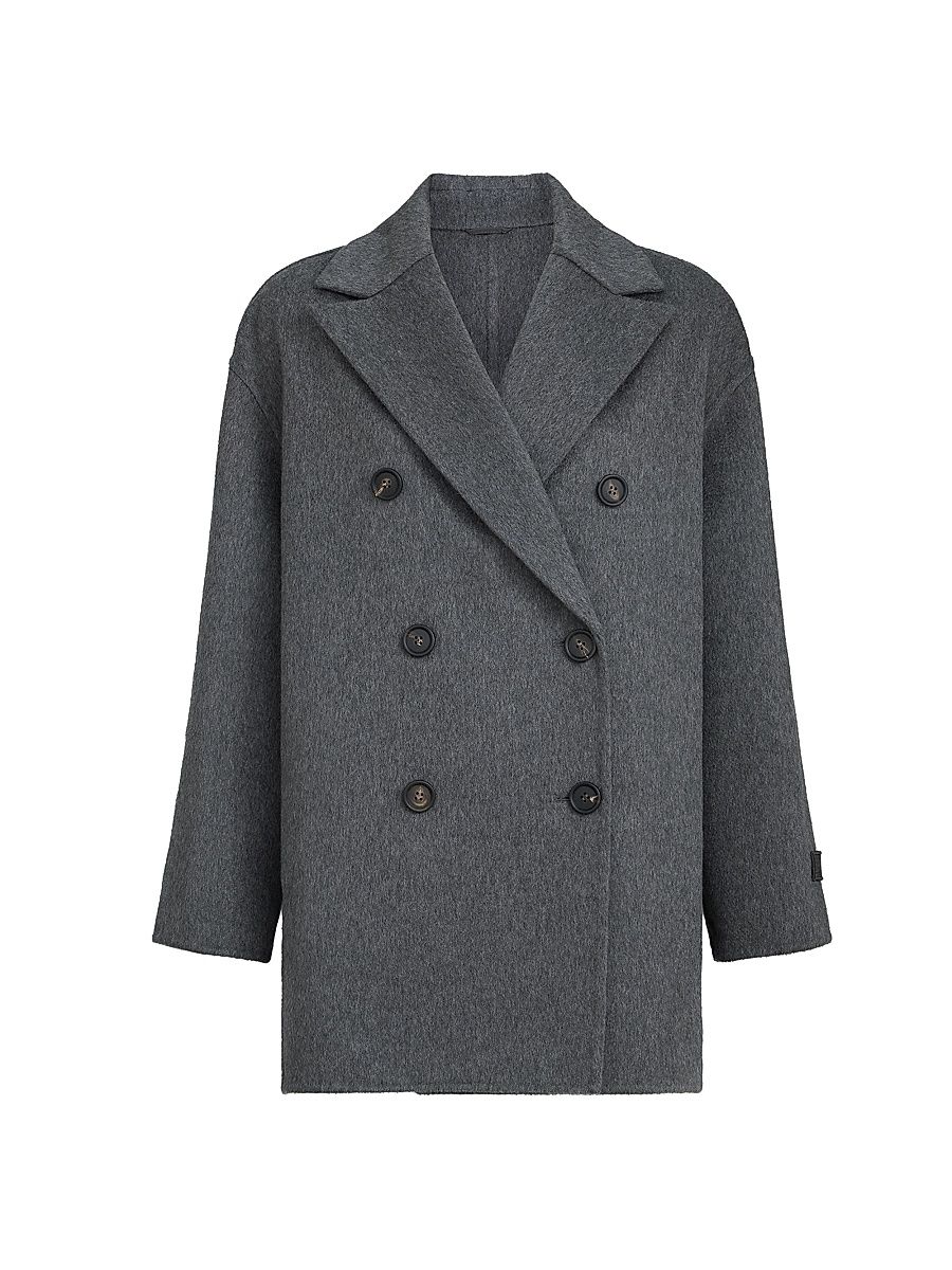 Women's Cashmere Double Beaver Cloth Pea Coat with Precious Patch - Light Grey - Size 14