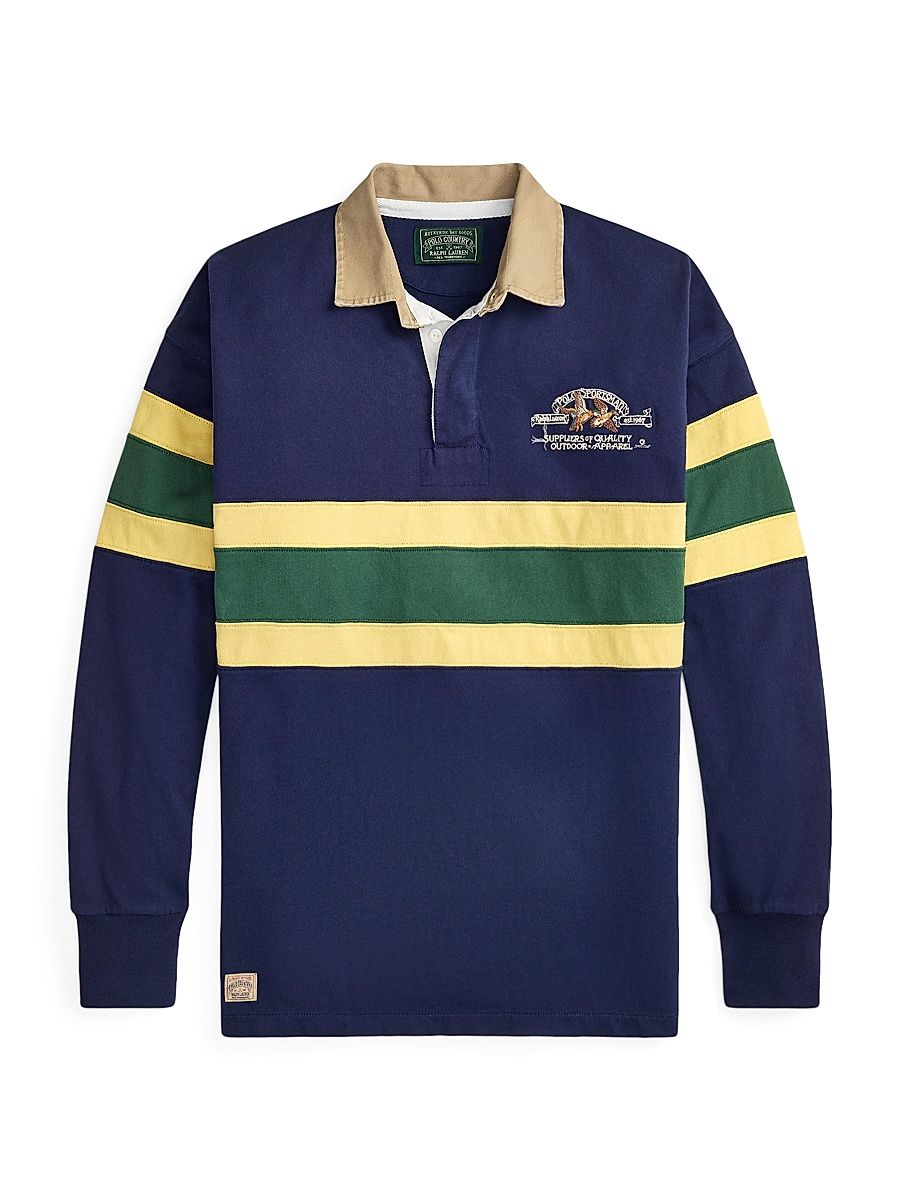 Men's Striped Cotton Rugby Shirt - Newport Navy Multi - Size XXL