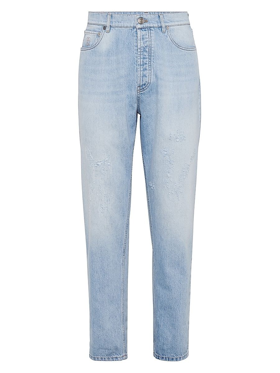 Men's Denim Iconic Fit Five Pocket Jeans with Rips - Light Blue Denim - Size 48