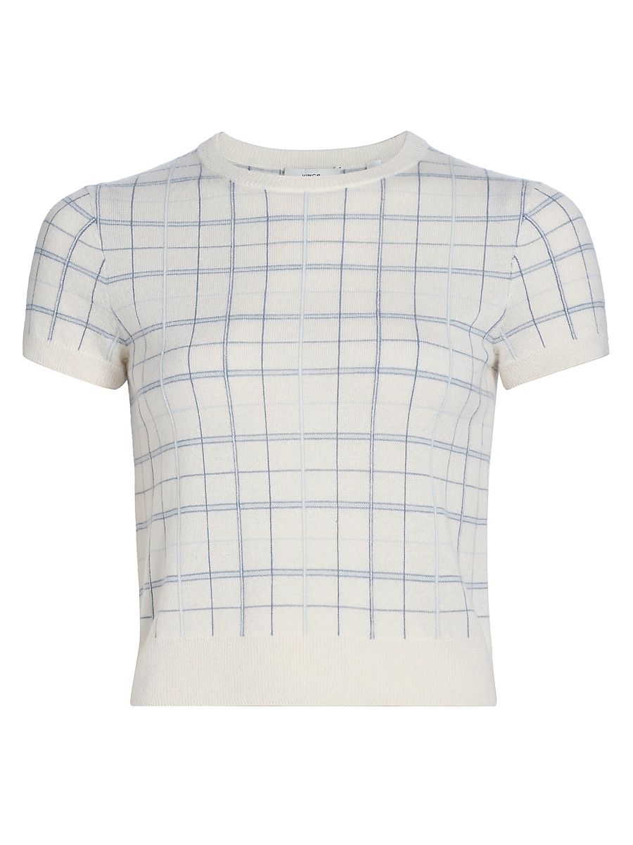 Women's Plaid Crewneck Short-Sleeve Sweater - Lagoon Combo - Size XXS