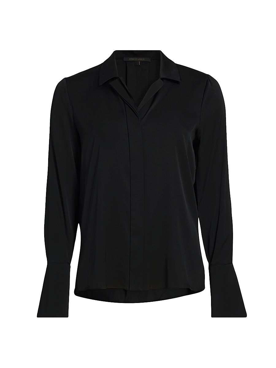 Women's Silk Button-Front Shirt Blouse - Black - Size XXL
