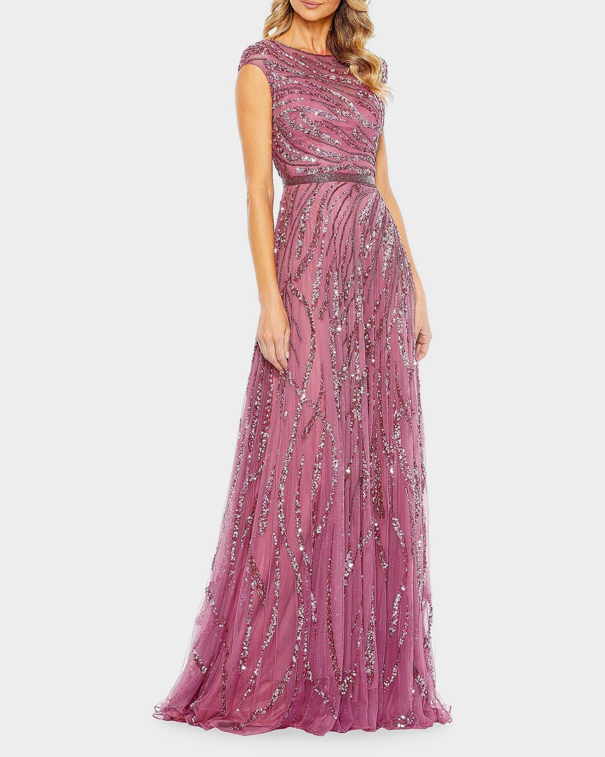 Illusion Sequin-Embellished A-Line Gown