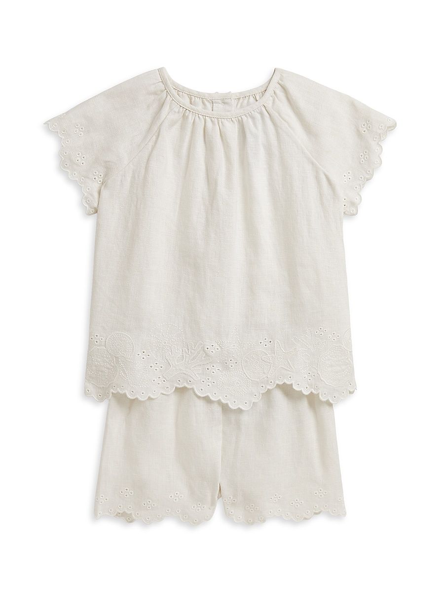Baby Girl's Starfish-Embroidered Linen Top & Shorts Set - Antique Cream - Size 6 Months
