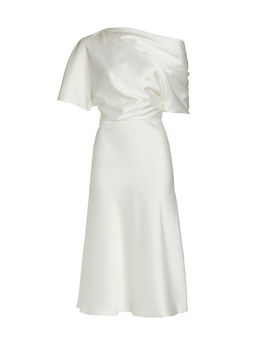 Women's Draped Satin One-Shoulder Midi-Dress - Ivory - Size 8