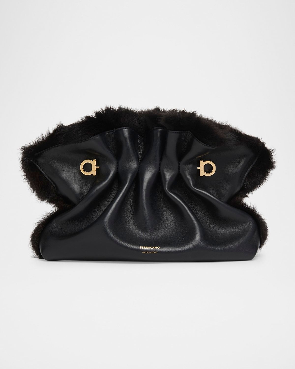 Ruched Shearling-Trim Soft Shoulder Bag