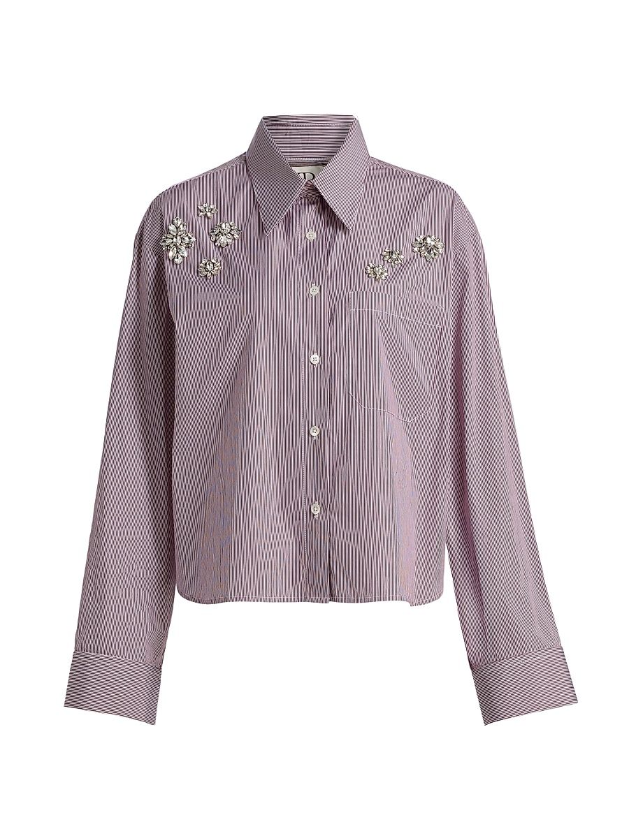 Women's J. D. Crystal-Embellished Pinstripe Relaxed-Fit Shirt - White Wine - Size XL